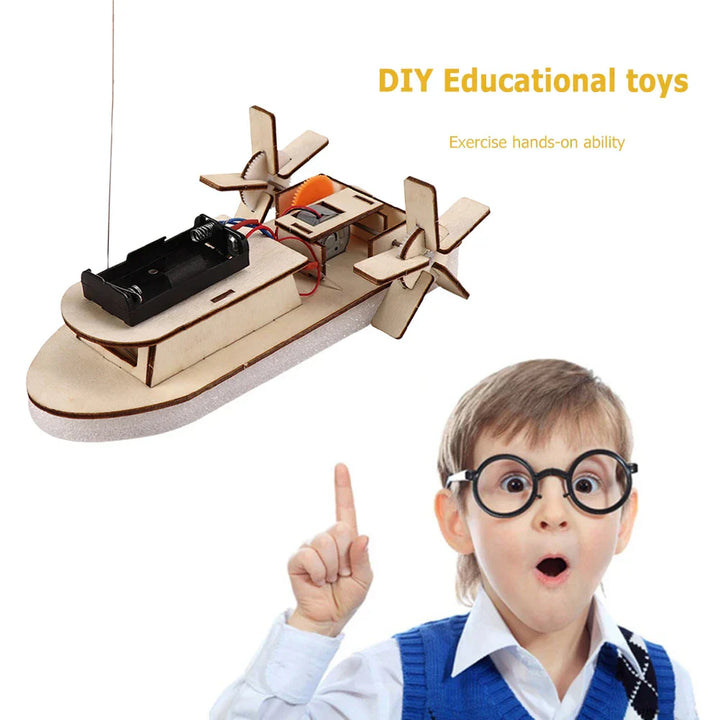Wooden DIY electric boat kit. Kids' educational science toy, fostering STEM skills & creativity.
