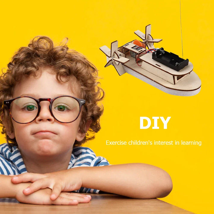 Build your own electric toy boat. Educational wooden DIY kit for kids. Fun STEM learning craft.