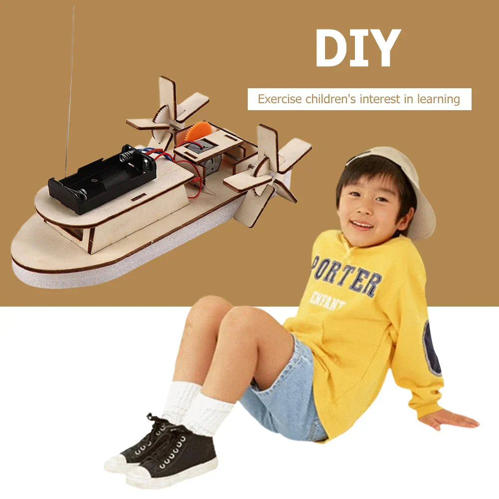 Kids' educational wooden electric boat. DIY kit for building a motor-powered toy.
