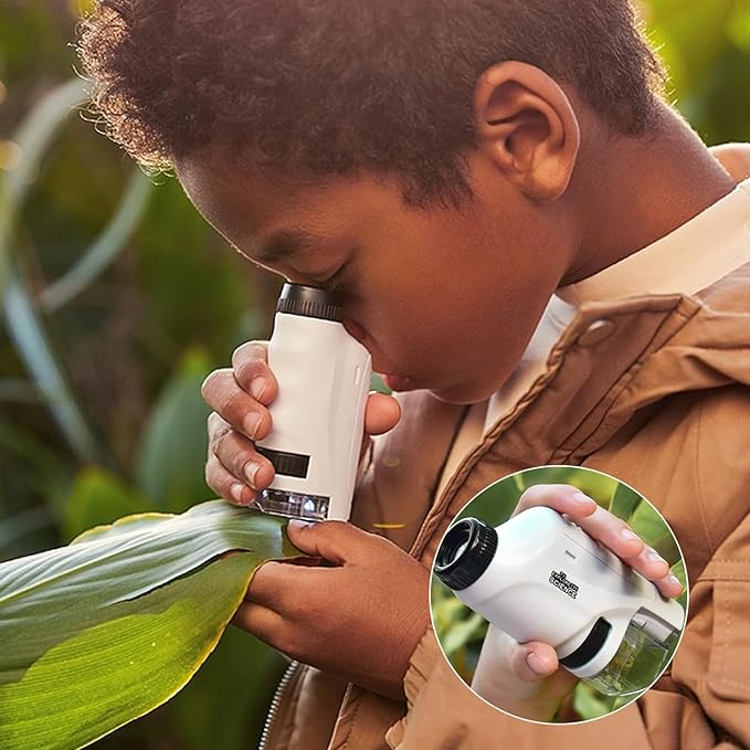 Portable kids microscope set, 60x-120x zoom, ideal for outdoor adventure & learning science exploration.