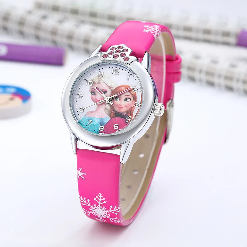 Kids' Frozen Elsa watch with detailed Princess Elsa dial, blue leather band, perfect for girls learning time.