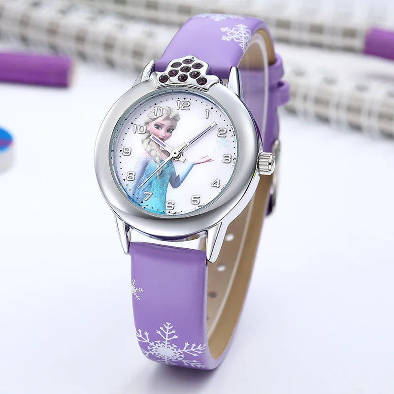 Close-up of Frozen Princess Elsa watch dial, showcasing vibrant Elsa art and durable blue leather band for kids.