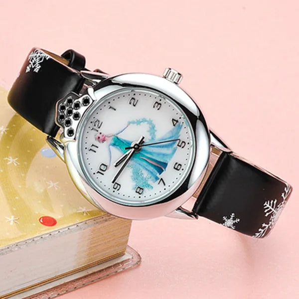 Enchanting Frozen Princess Elsa watch for girls, featuring a magical design and soft blue leather strap.