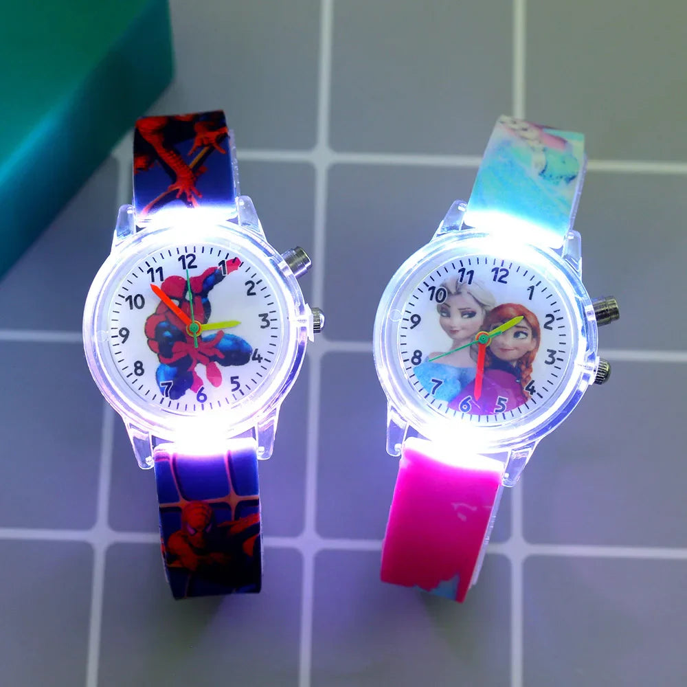 Kids' glow-in-the-dark cartoon watch, colorful silicone strap. Great time teacher for boys & girls.