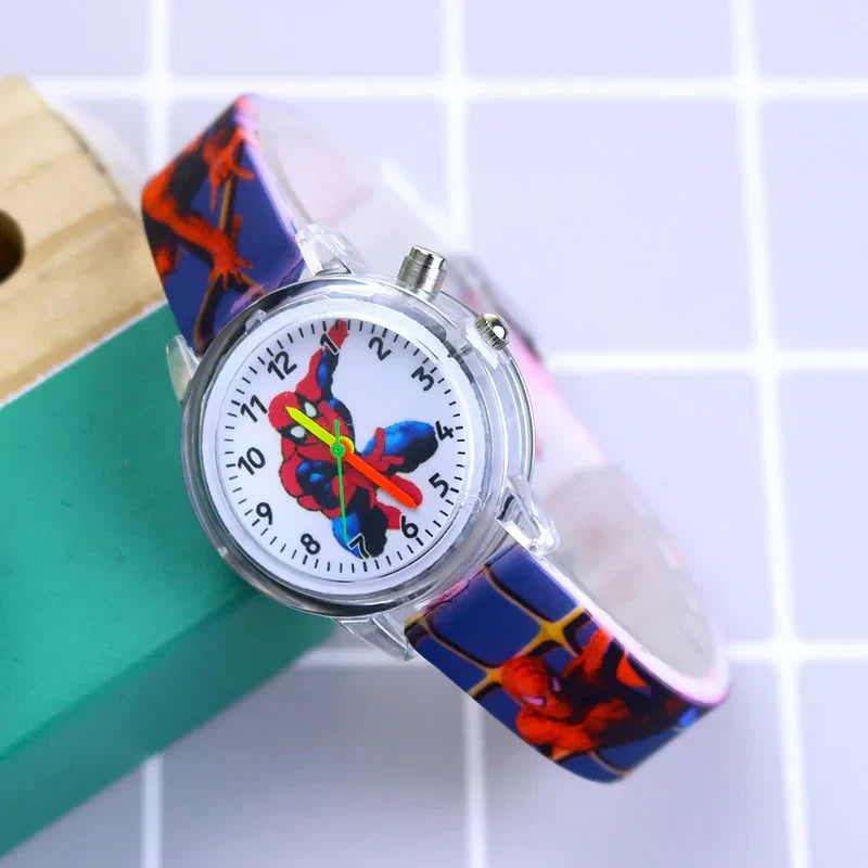 Two kids' glow watches: Spider-Man and Frozen designs, vibrant colorful silicone straps.