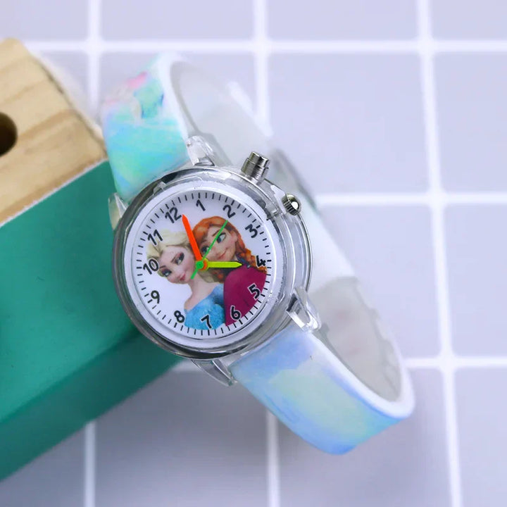 Colorful children's time teacher watch with glow-in-dark display and comfortable silicone band.
