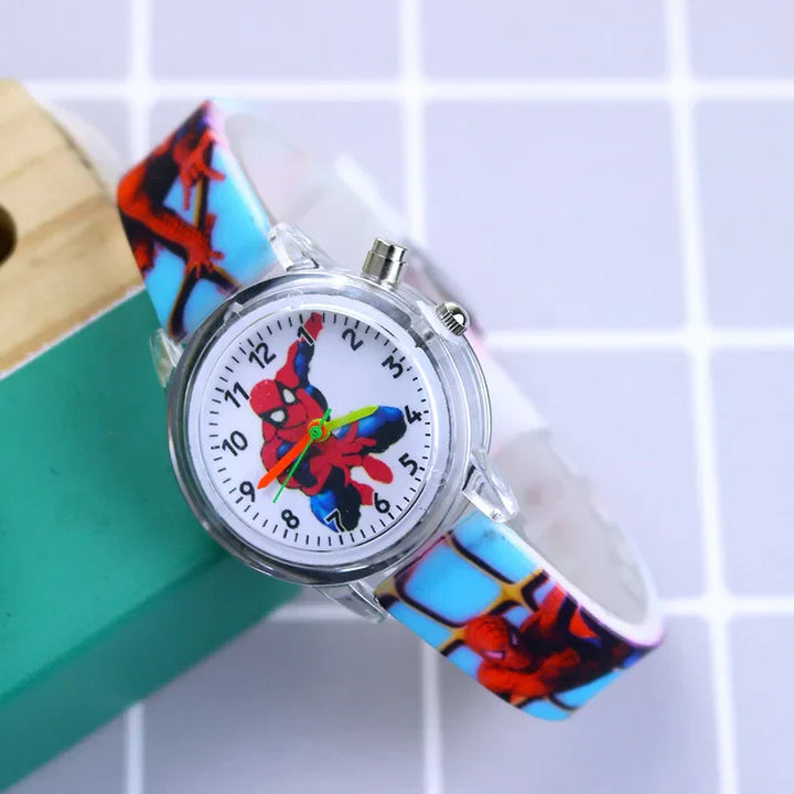Boys' cartoon watch, Spider-Man design, glow-in-the-dark dial & durable red silicone strap.