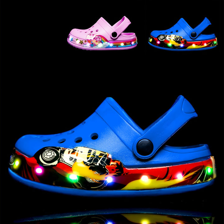 Kids' glow-in-the-dark clogs. Breathable, anti-slip design for boys & girls. Perfect summer playtime shoes.