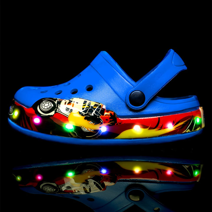 Bright glow-in-the-dark kids clogs with anti-slip sole. Breathable beach & water shoes for active playtime.