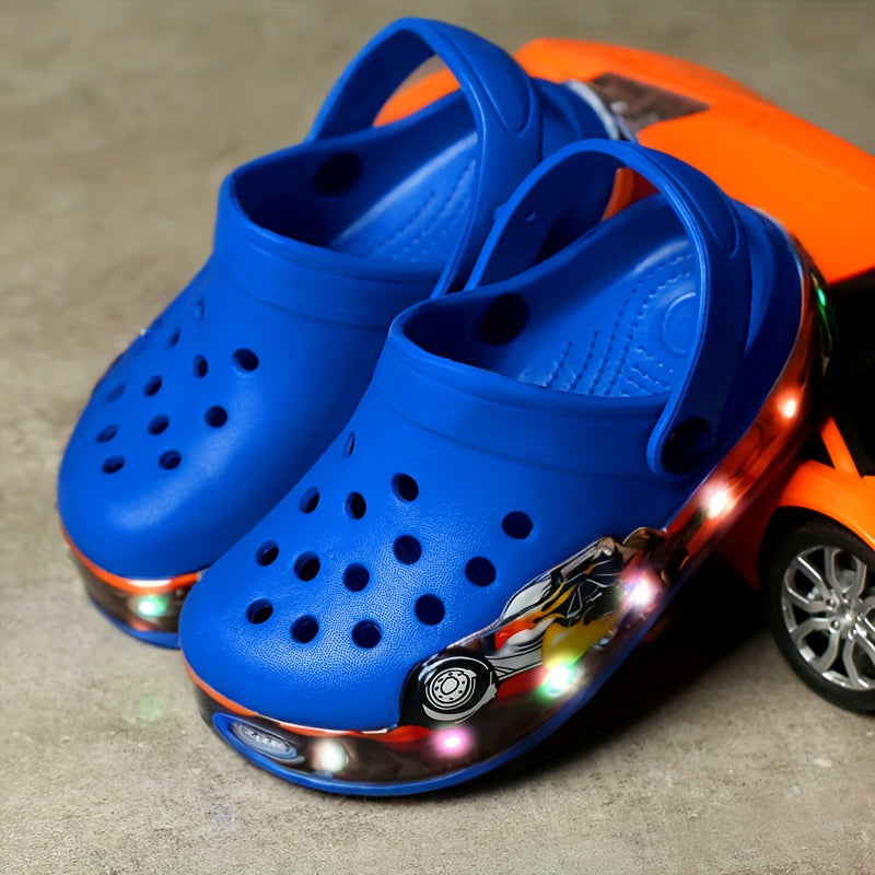 Child wearing comfortable glow-in-the-dark clogs, ideal for summer, beach, or casual outdoor play.