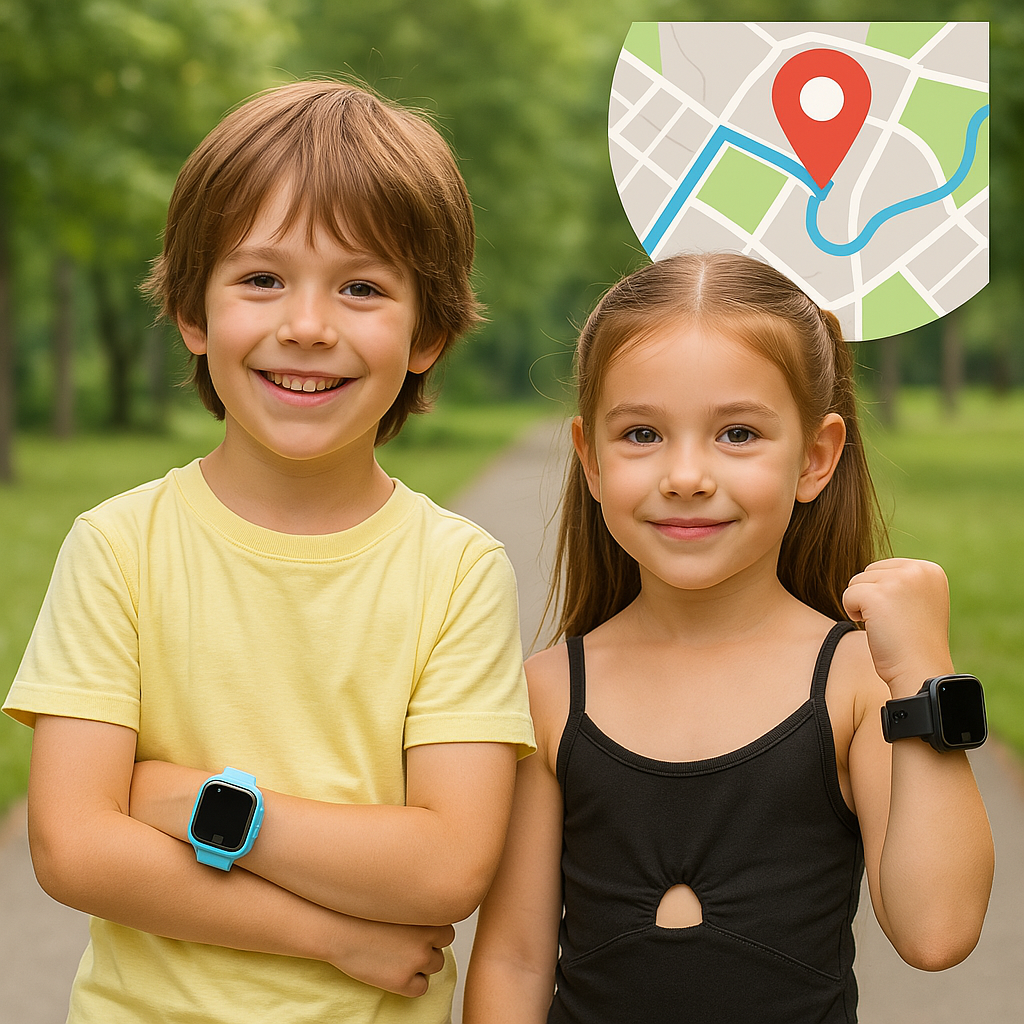 Kids GPS smart watch with real-time tracking, SOS button for child safety & communication. Blue wearable tech.