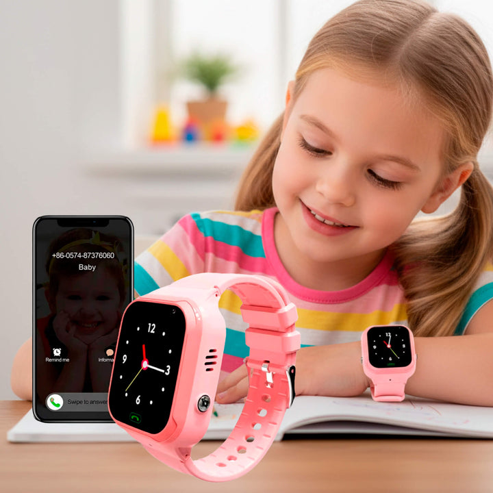 Children's smart watch with GPS tracker, allowing parents to monitor kids' location & communication. Durable design.