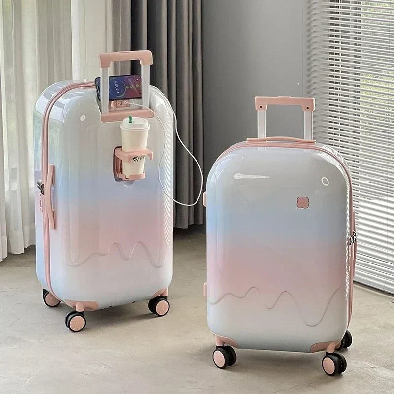 Durable kids' hard shell trolley suitcase, vibrant design, perfect for vacation & secure travel with a lock.