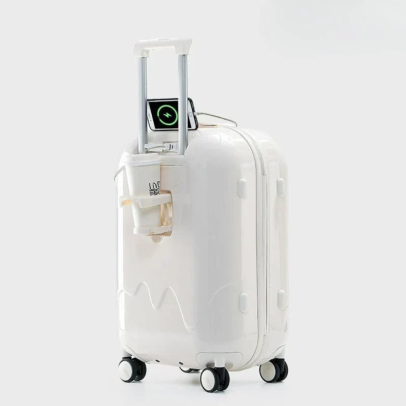 Colorful hard shell children's luggage with secure combination lock, durable & easy to pull for family travel.