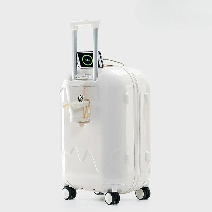 Colorful hard shell children's luggage with secure combination lock, durable & easy to pull for family travel.