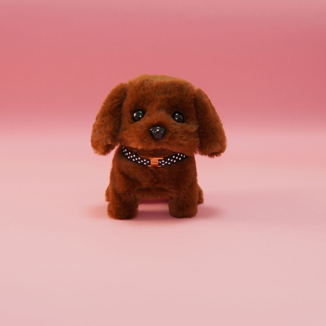 Kids playing with a responsive robot puppy toy. An interactive electronic dog for imaginative pet play.