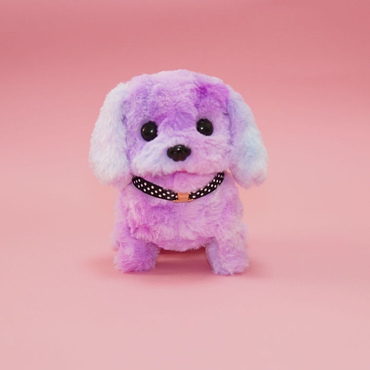 Close-up of the interactive robot puppy toy, highlighting its smart voice and touch sensors for kids.