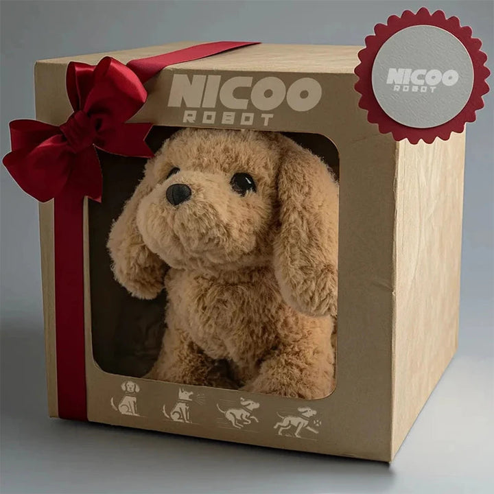 Kids' interactive robotic puppy toy, realistic barking & walking AI pet for children.