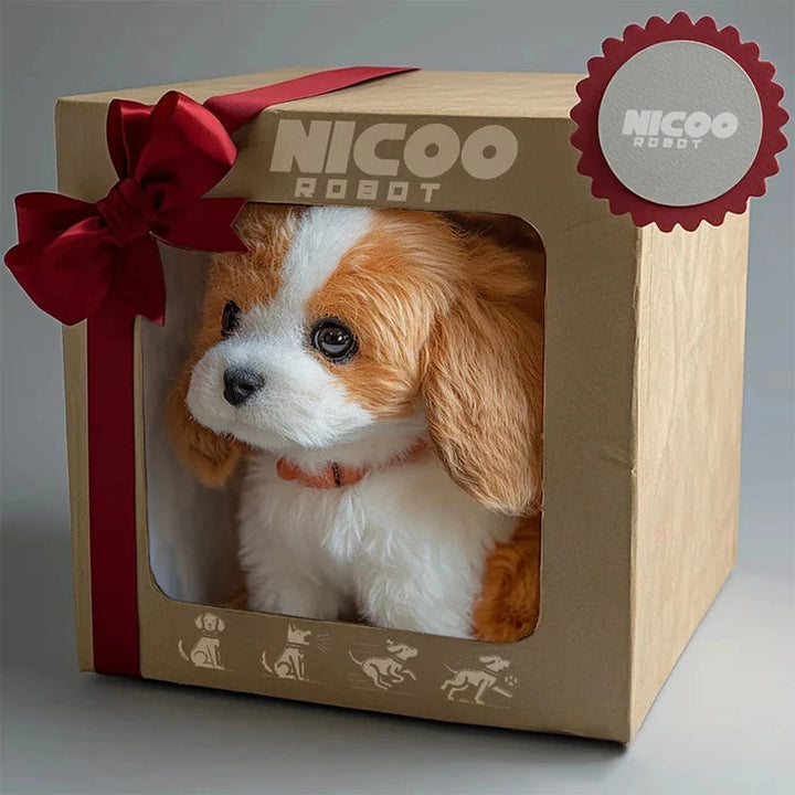 Child playing with interactive robotic puppy, AI pet, barking & walking electronic toy.