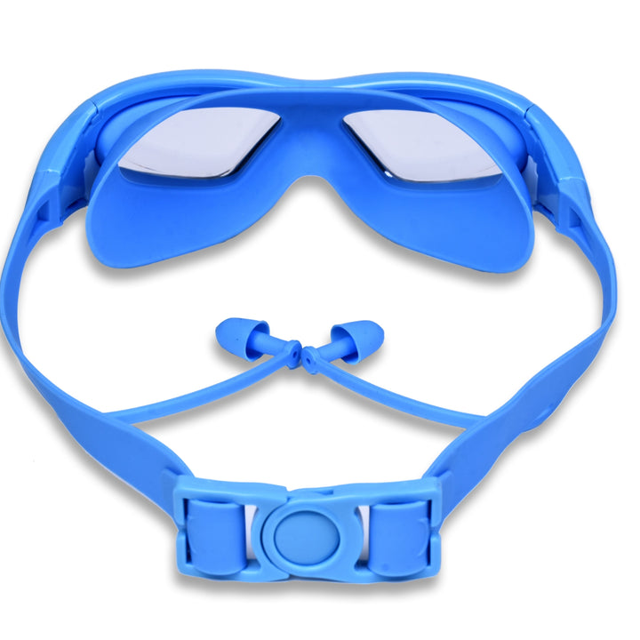 Blue kids' swim goggles with large anti-fog lenses, UV protection for clear underwater exploration.