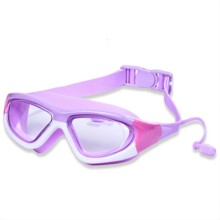 Durable large frame kids' swim goggles with robust silicone and anti-fog lenses for long-lasting fun.