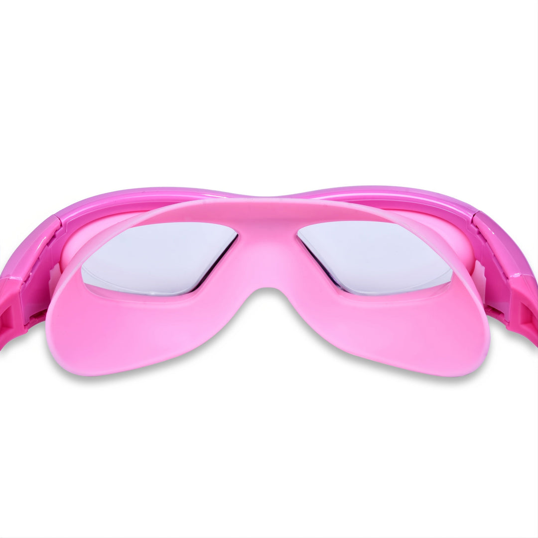 Pair of comfortable kids' swim goggles with large anti-fog lenses, perfect for children's swimming.