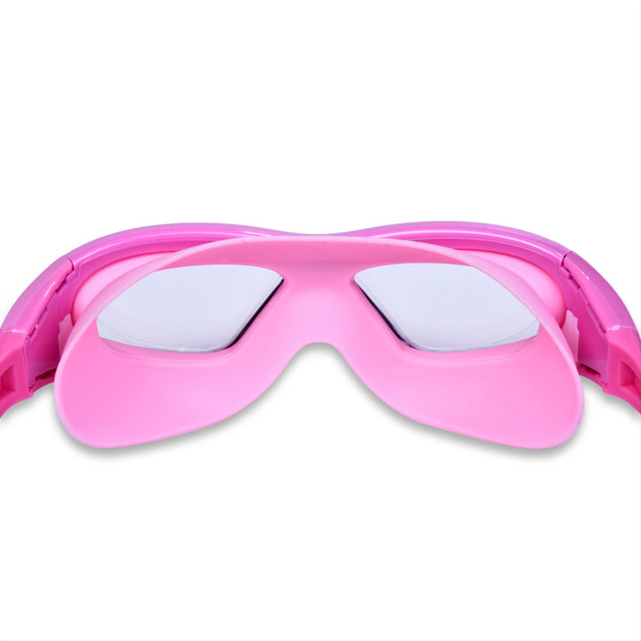 Pair of comfortable kids' swim goggles with large anti-fog lenses, perfect for children's swimming.