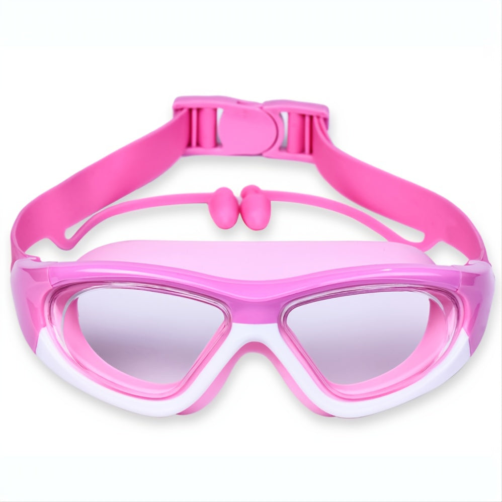 Comfortable kids' swim goggles with soft silicone frame, large lenses, adjustable strap for swimming.
