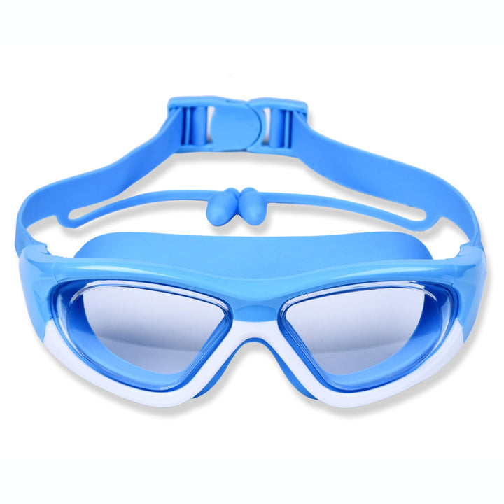 Child happily wearing large frame anti-fog kids' swim goggles, enjoying water fun in the pool.