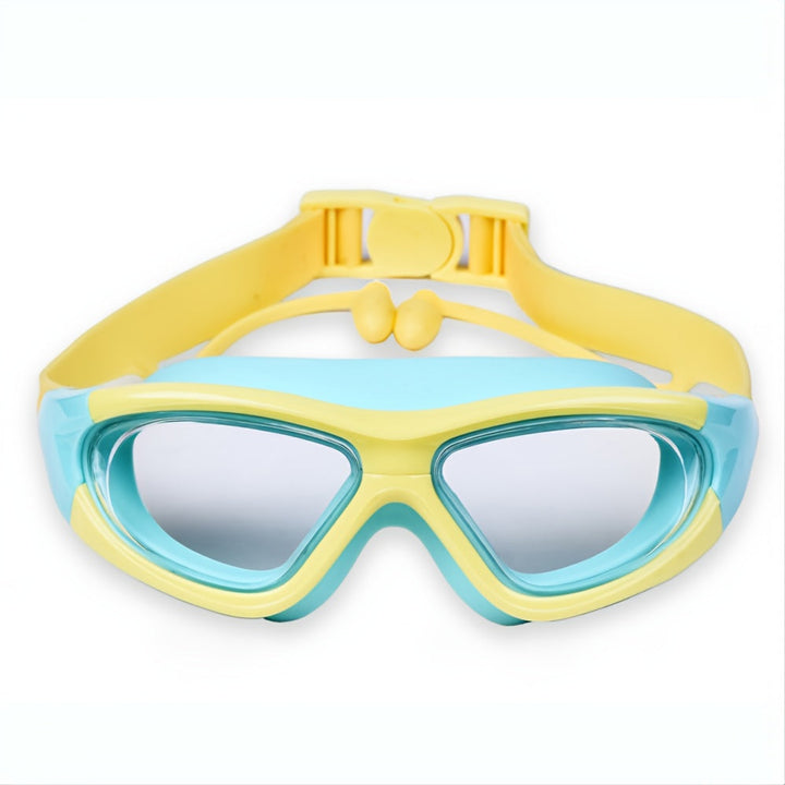 Side view of ergonomic kids' swim goggles with adjustable strap, UV protected lenses for swimming.