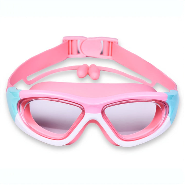 Close-up of anti-fog, UV protected large lenses on kids' swim goggles ensuring clear vision.