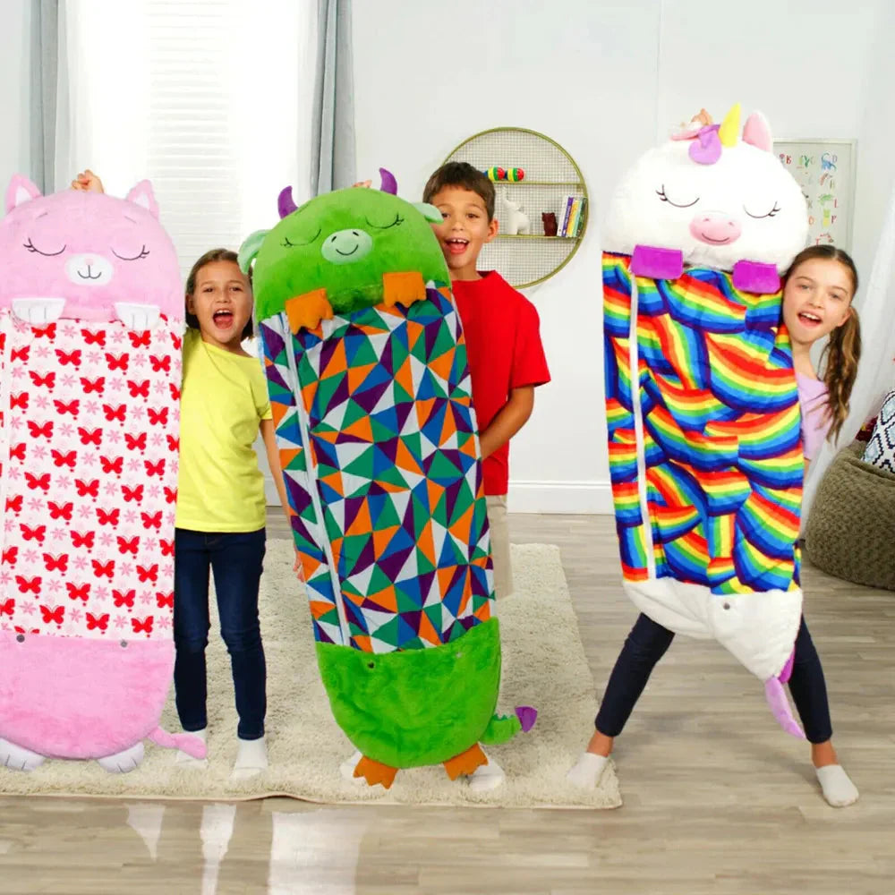 Kids' plush animal sleeping bag, green dinosaur, 2-in-1 cuddle toy and napping mat for children.