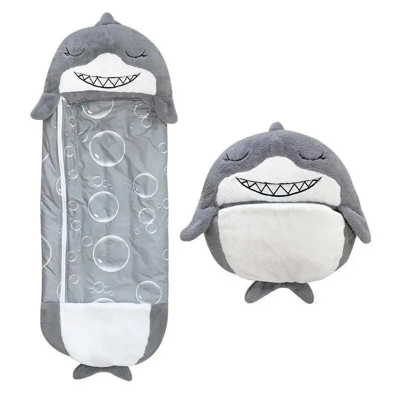 Multi-color animal themed kids' sleeping bag & plush toy, soft children's bedding for sleep and play.