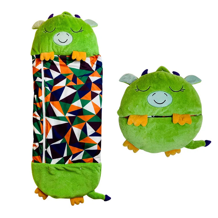 Purple dragon kids' sleeping bag & plush toy, soft animal blanket for children's sleepovers and travel.