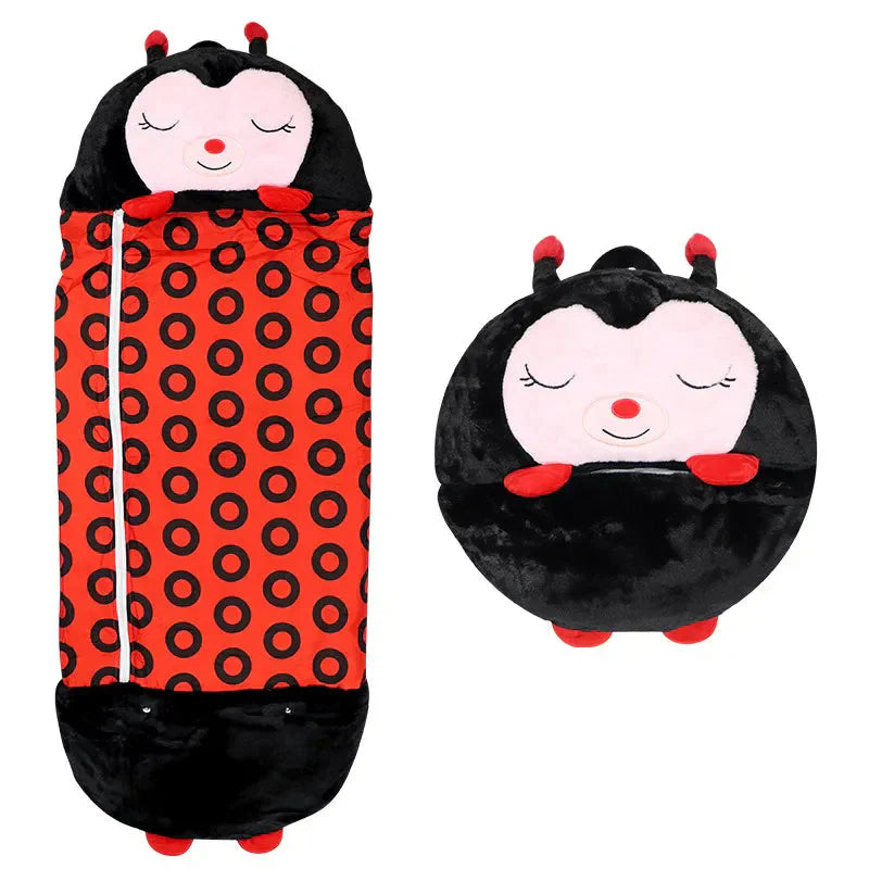 Yellow fox plush animal sleeping bag, 2-in-1 cuddle toy & napping mat, perfect children's gift.