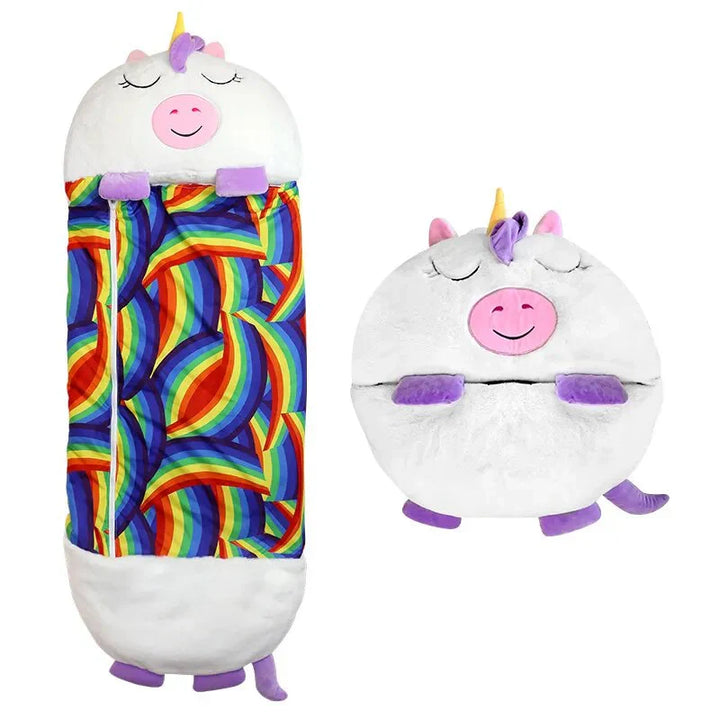 Grey elephant kids' animal sleeping bag, soft plush toy and cozy travel bed for young children.