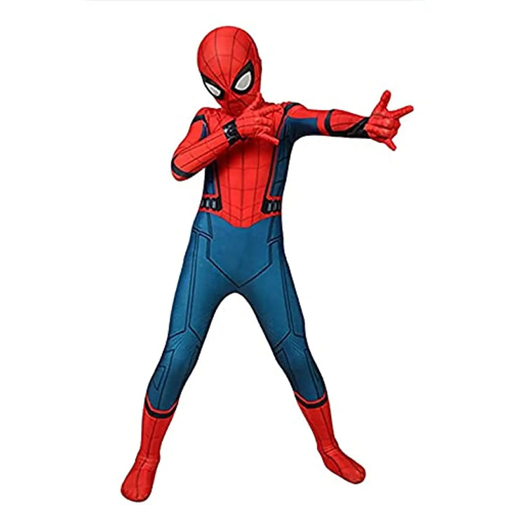 Young boy smiling in a red Spider Hero superhero costume, perfect for kids' parties & imaginative play.