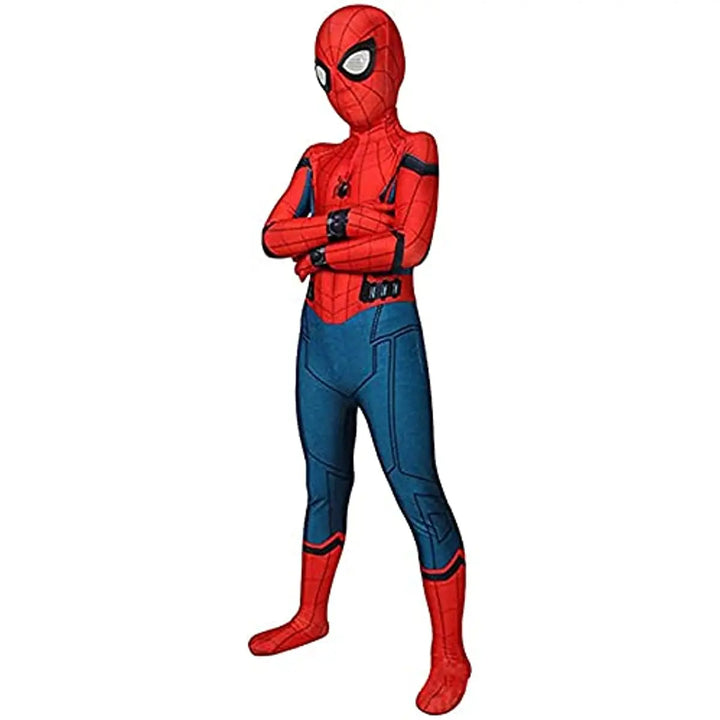 Happy girl in a vibrant red Spider Hero outfit, ideal for dress-up, Halloween, & superhero adventures.