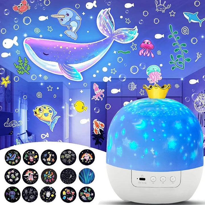 Kids' rotating projector night light with remote. Features 6 enchanting scenes for a calming bedroom ambiance.