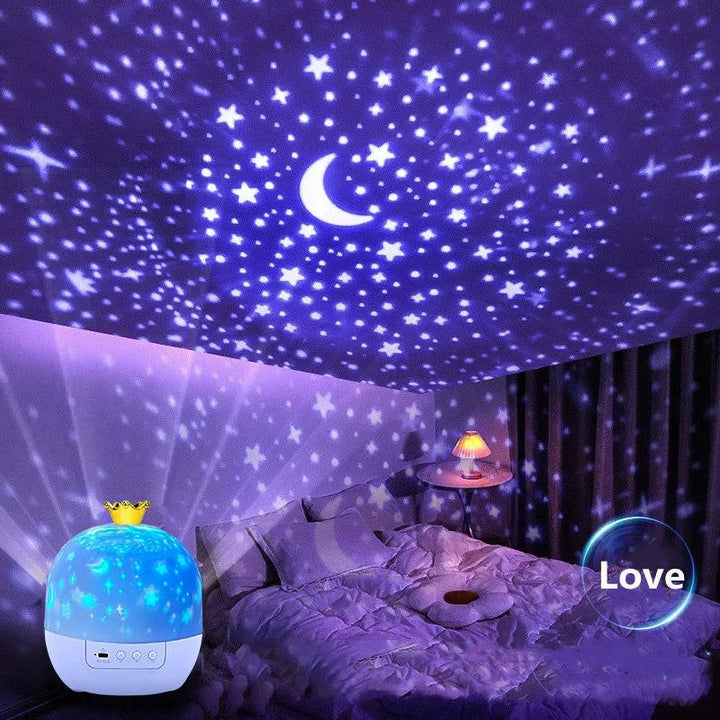 Remote-controlled rotating night light for kids' bedroom decor. Projects calming stars or ocean scenes, USB powered.