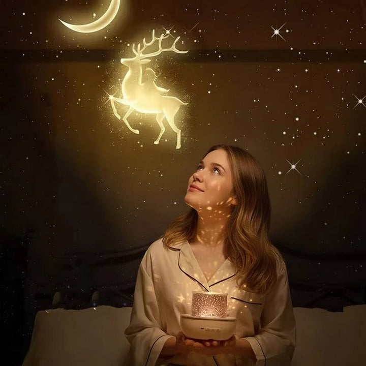 Magical rotating night light projector for kids. Transforms any room into a starry sky or deep ocean scene. Remote included.