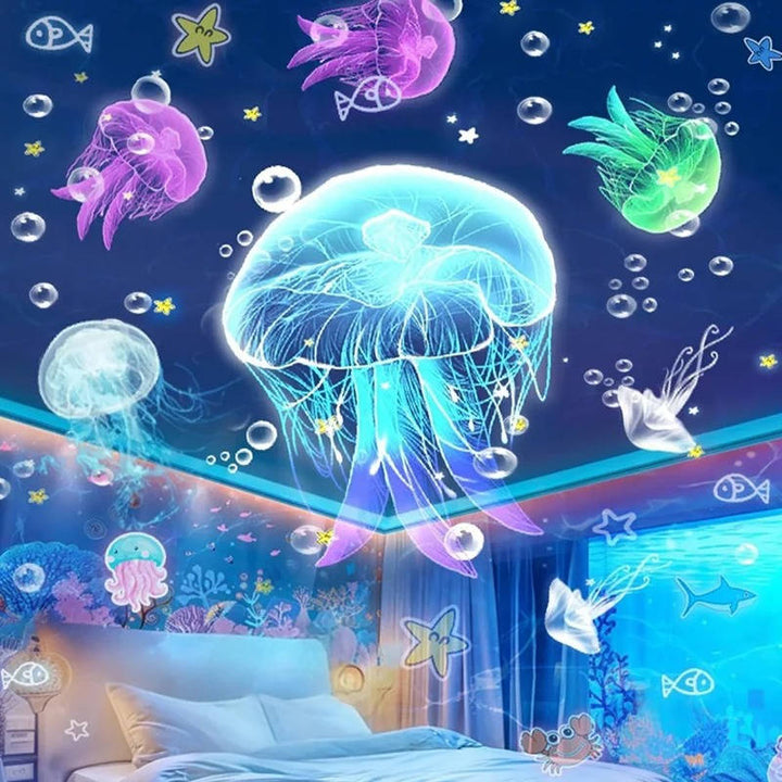 USB-powered kids' projector night light with remote. Easily creates a calming, rotating celestial or aquatic ambiance.