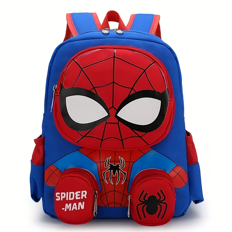 Dark blue Spider-Man kids backpack, side view showcasing large capacity for school books & gear. Durable children's gift.