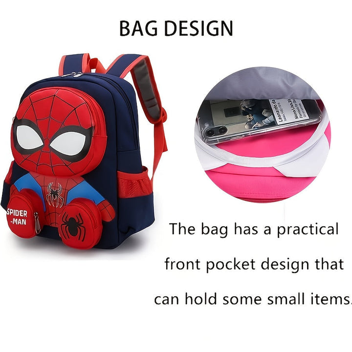 Spider-Man school backpack, back view, showing padded straps for comfort. Durable blue kids' bag for boys & girls.
