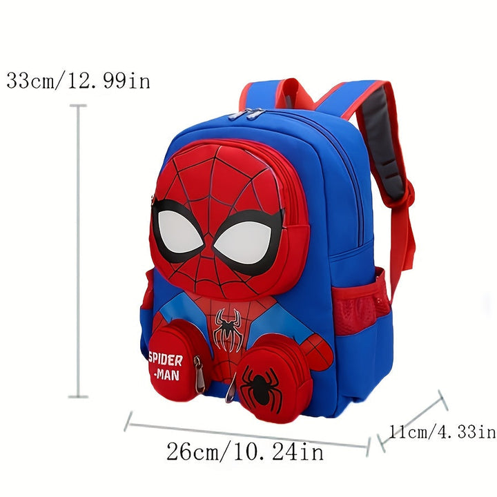 Close-up of the vibrant Spider-Man graphic on a dark blue kids' backpack. Durable material, great for school gifts.