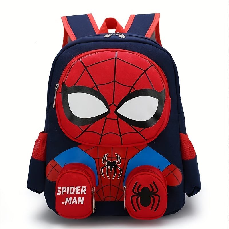 Open Spider-Man kids backpack, full of books & school supplies, highlighting its large capacity for daily use.