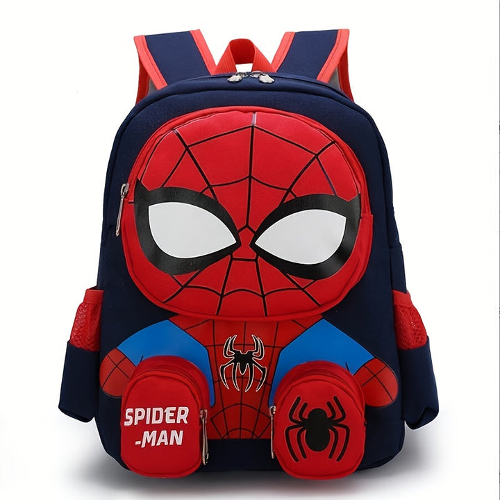 Open Spider-Man kids backpack, full of books & school supplies, highlighting its large capacity for daily use.