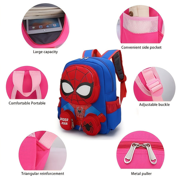 Durable Spider-Man kids' backpack on an outdoor adventure, ready for fun. Large capacity blue bag for boys & girls.