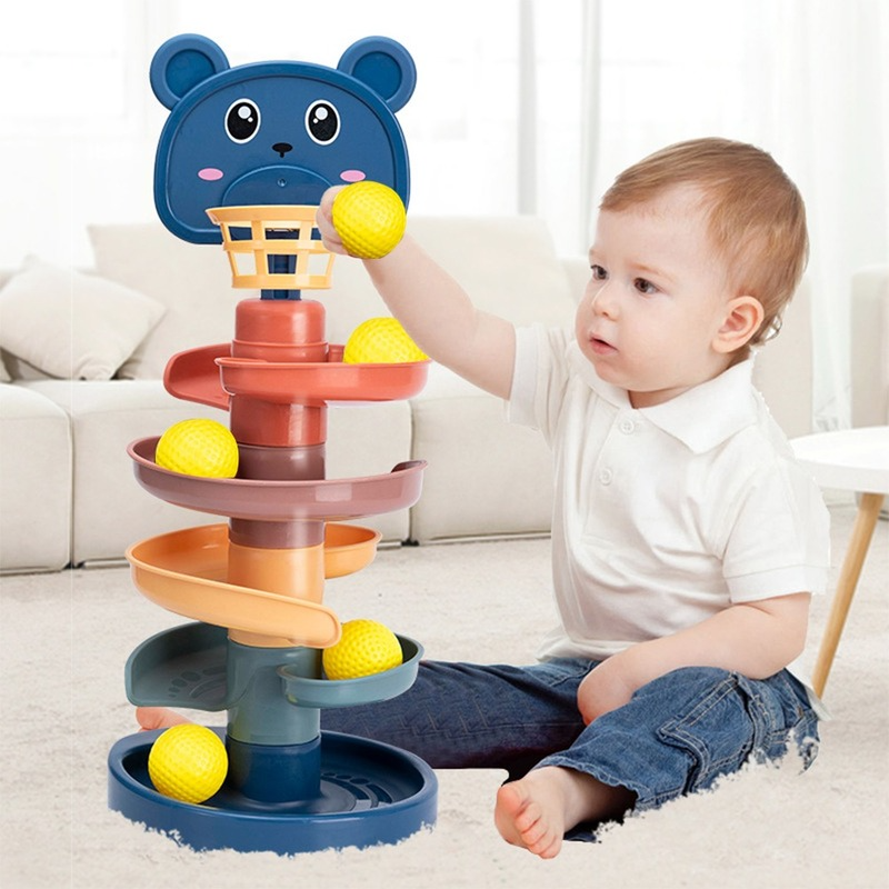 Kids' Swirling Ball Drop Tower toy, vibrant colors, develops motor skills & sensory play for toddlers.
