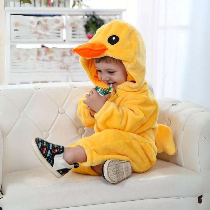 Cute duck animal onesie jumpsuit for children. Soft, comfy kid's fashion, perfect for play or bedtime.